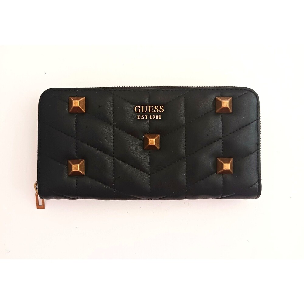 GUESS Brera Blk Quilted Vegan Leather Zip Around Wallet Brass Sruds 8X4